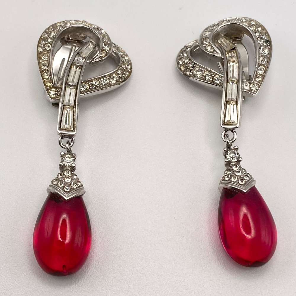 Boucher Clip On Earrings Vintage Silver Tone Rhinestone Heart Red Teardrop OS